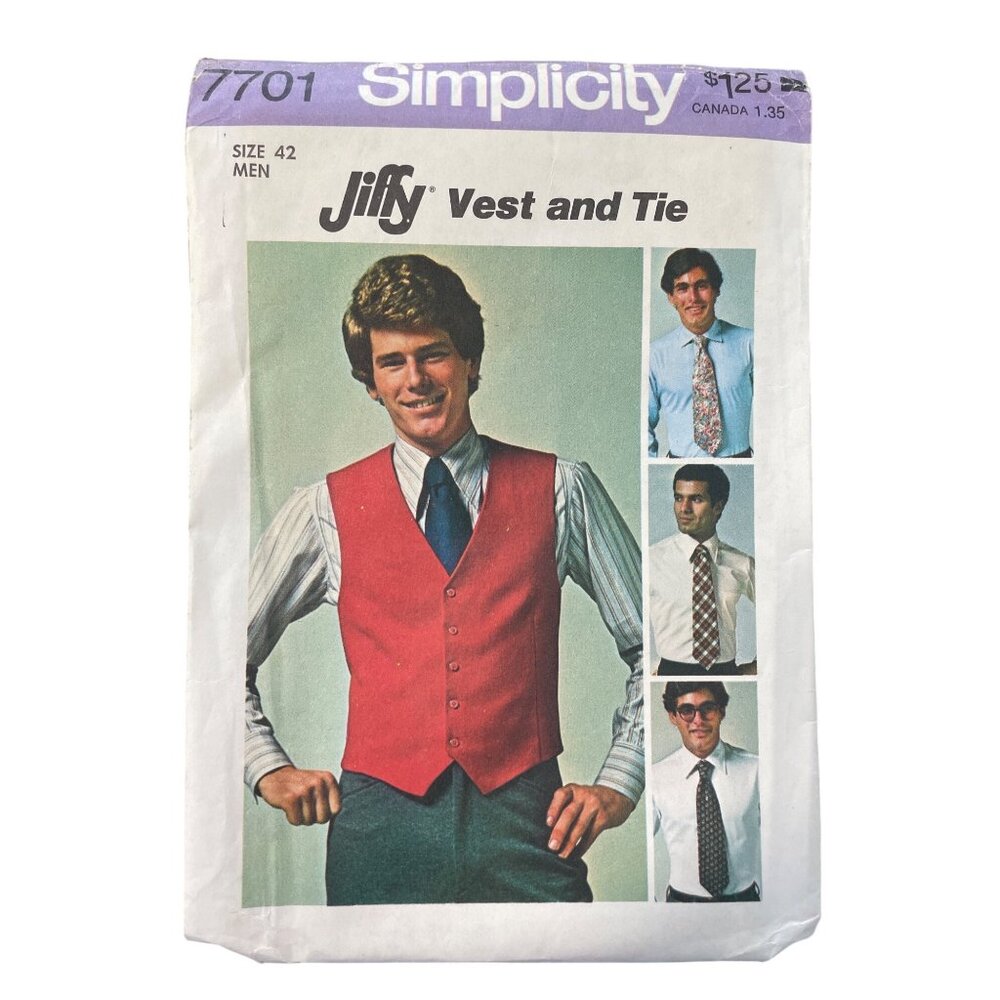 70s Simplicity 7701 Mens Jiffy Vest and Tie Pattern Size 42 Vintage 1976 UNCUT